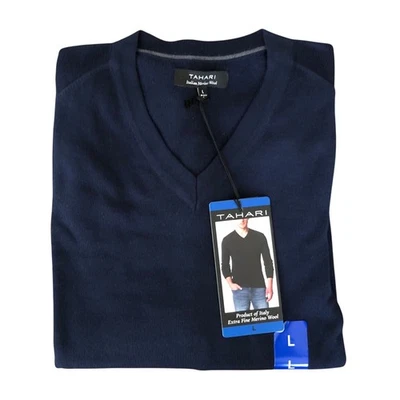 Suéter fino Tahari para hombre mezcla de lana merino cuello en V azul marino GRANDE Italia nuevo con etiquetas Foto 1 de 4