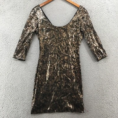Guess Sequins Bodycon Dress Womens 6 Gold 3/4 Sleeve Scoop Neck Zip Back Party - Image 1 of 4