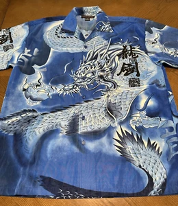 Camicia vintage Y2K Blue Dragon stampa all over anime con bottoni taglia XL - Foto 1 di 8