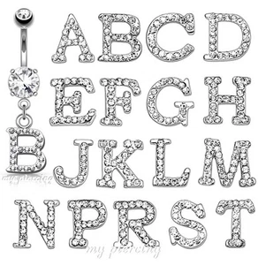Initial Clear Gem Paved Dangle Letter Surgical Steel Belly Button Ring 14G-3/8" - Picture 1 of 2