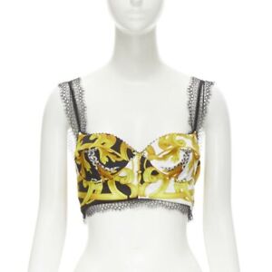 VERSACE Barocco Acanthus black gold print lace trimmed bustier bra IT38 XS