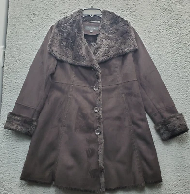 Abrigo Jones New York Mujer Grande Marrón Imitación Piel Forrado Manga Larga Botón Delantero Foto 1 de 4