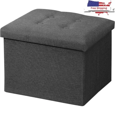 Storage Ottoman Folding Foot Rest Stool  Linen Footstool Bench Short Dark Grey - Image 1 of 4