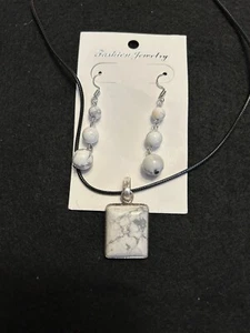 Buffalo Howlite Jasper Square 925 Silver Gemstone Pendant Matching Earrings - Picture 1 of 6