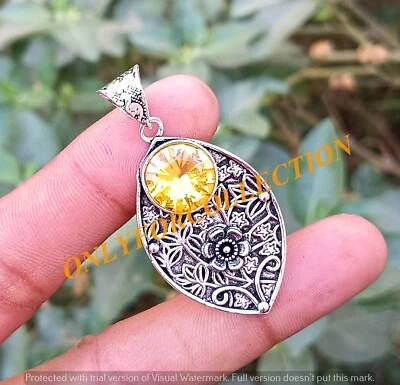 WOW Yellow Faceted Topaz Glass 925 Sterling Silver Plated Handmade Leaf Pendant - Image 1 of 4