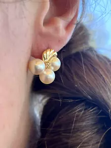Trio Creme Salzwasser Perle & Diamant Cluster Ohrringe 14k Gold - Bild 1 von 9