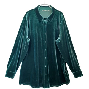 Weiche Umrandung Top Damen 1X grün Samt Boyfriend Knopfleiste Tunika Shirt - Bild 1 von 9