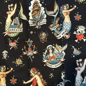 Alexander Henry Forget Me Not Mermaids Skull Tattoo Fabric Scrap Piece Black ‘19 - Picture 1 of 9