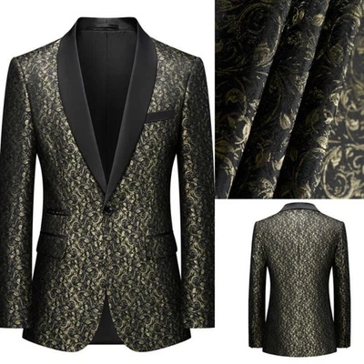 Hombres Traje Jacquard Dorado Satén Chal Solapa Chaqueta Sencillo Pecho Fiesta Formal Foto 1 de 4