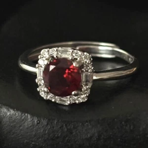 Gemstone Garnet Rhinestone 925 Sterling Silver Ring mk '925', Size 8 adjustable - Picture 1 of 6