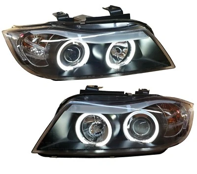 SCHEINWERFER LED ANGEL EYES FÜR BMW E90 E91 05-08 SCHWARZ HAUPTSCHEINWERFER - Bild 1 von 4