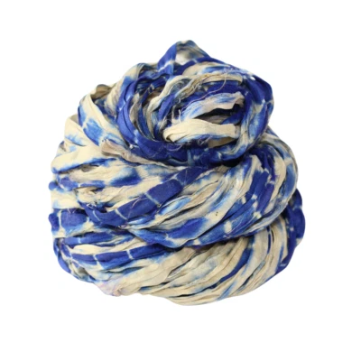 Sari Silk Ribbon super bulky yarn -Blue, White - Sari Silk Ribbons - Silk Strips - Image 1 of 4
