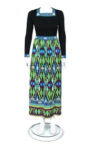 MR. DINO Vtg 1970s Mod Geometric Aztec Psychedelic Jersey Maxi Dress sz 8 /615 - Picture 1 of 7