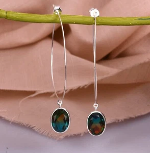 Oval Alexandrite Earrings Sterling Silver Dangle Drop Women Gift Earrings - Picture 1 of 6