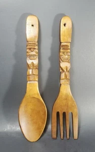 Vintage Light Wooden Fork & Spoon Wood Carved Tiki Totem 12” Wall Hanging Decor - Picture 1 of 6