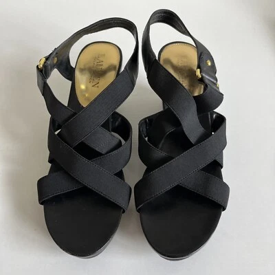 Sandalias Ralph Lauren charol negras elásticas eslinga grapa cuñas para mujer 7,5B Foto 1 de 4