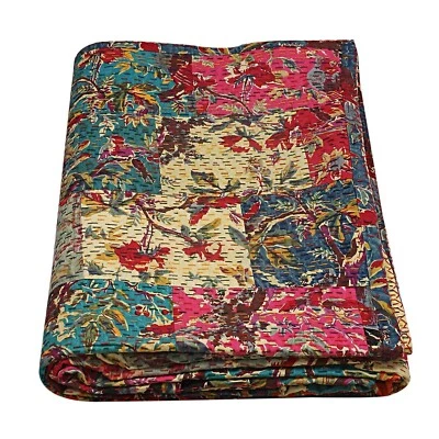 King Size Indian Print kantha Quilt 100% Cotton Bedspread kantha Bed Cover thro - Изображение 1 из 4