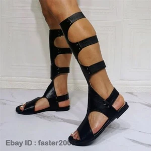 Sandalias romanas de verano planas punta abierta hasta la rodilla botas huecas gladiador para mujer - Imagen 1 de 12