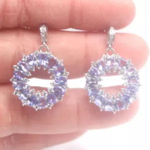 Sin Calentar Piedra Azul Tanzanita & Blanco Circonita Pendientes 925 Plata de - Imagen 1 de 4