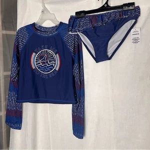 Nautica Girls 2 Pc. Swimsuit Blue White & Red Ruffle Nautical Print UV Protect - Picture 1 of 14