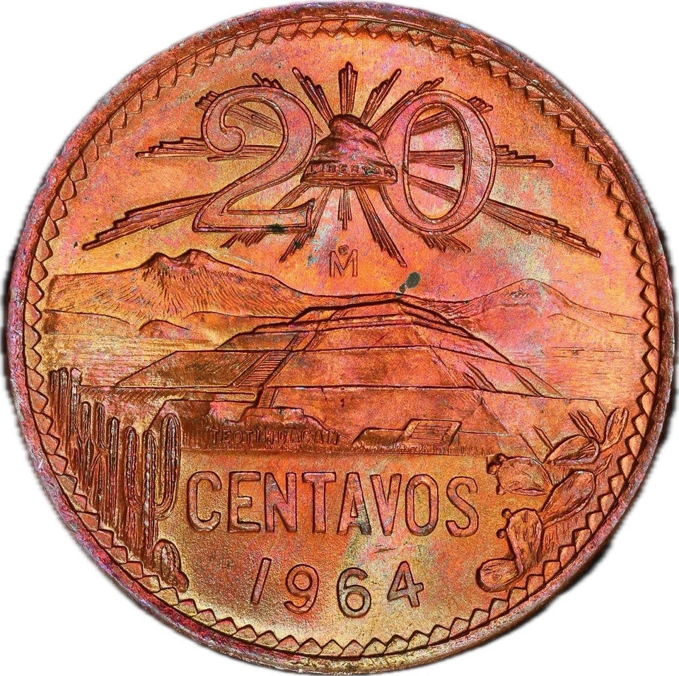 1964-Mo 墨西哥 20 Centavos - PCGS MS65RB - 色调惊人颜色 — 第 1/4 张图片