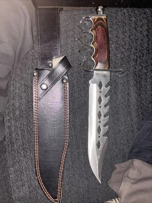 Big Knife Made In Taiwan Nice Wood Handle Black Leather Case Buttoned Strap - Image 1 of 3