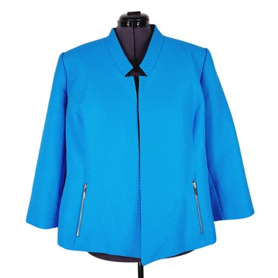 Kasper Blazer Women Size 20 Blue Open Front Zip Pockets Textured Slit Cuffs - Image 1 of 4