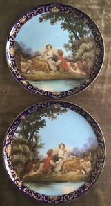 Antique F Boucher Pastoral Cabinet Plates French Cobalt Blue Gold Gilt Rim Pair - Picture 1 of 13