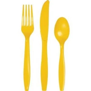 School Bus Yellow Heavy Duty Plastic Cutlery 24 Pack Assortment Party Tableware - Picture 1 of 1