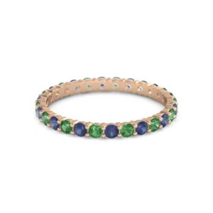 Round Eternity Band Blue Sapphire Emerald 925 Sterling Silver Rose Plated Ring - Picture 1 of 7