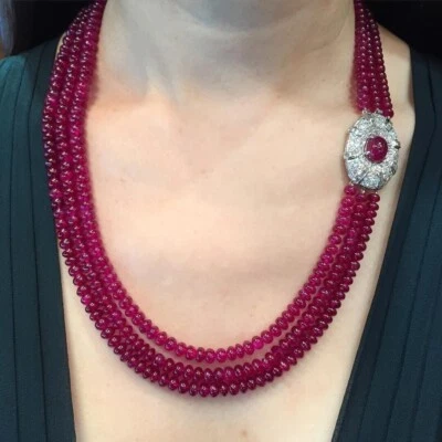 Lab Ruby Red Beads Necklace Diamonds CZ 925 Sterling Silver Layered High Jewelry - Image 1 of 4