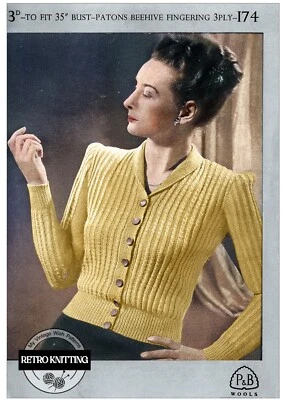 1940s Vintage Knitting Pattern - Mock Cable Cardigan/Blouse Bust 35" - Image 1 of 2