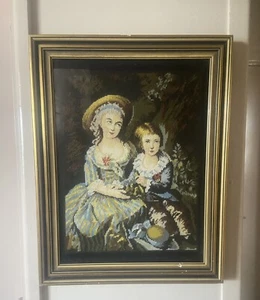 Vintage "Enfants D'apres Vigee" Needlepoint Framed Wall Hanging Art Cross Stitch - Picture 1 of 11
