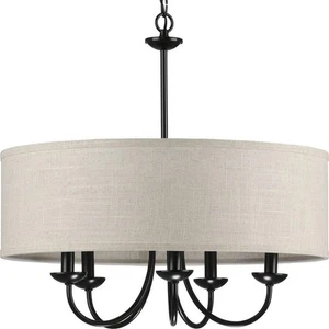 Drum Shade 21-5/8 in. 5-Light Matte Black w/Harvest Linen Shade Chandelier by PL - Picture 1 of 1