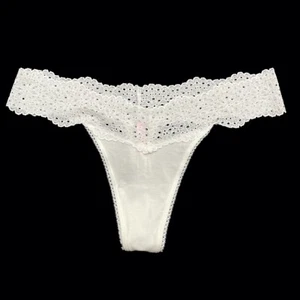 NWT Victorias Secret Lace trim cotton blend thong panty Large - White - Picture 1 of 2