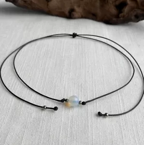 Dainty & Durable Opalite Glass Bead Adjustable Thin Black Cord Women's Necklace - Picture 1 of 4