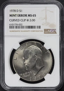 1978-D Eisenhower Ike Dollar NGC MS-65 Mint Error Curved Clip @ 2:00 - Picture 1 of 2