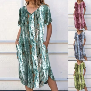 Women Loose Printed Dress Summer Short Sleeved V-neck Pullover Long Slit Dress - Picture 1 of 12