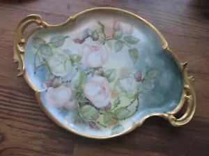 Gorgeous Hand Painted Rose Tray Heavy Gold Gilded Rim & Handles AK Haller 1902 - Picture 1 of 12