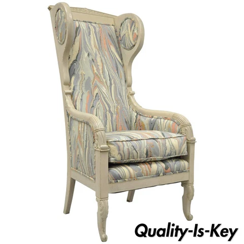High Back French Empire Neoclassical Style Marble Fabric Wing Back Arm Chair Cover