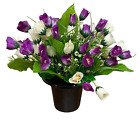Artificial flowers Memorial Grave Pot. Purple & White Mini Roses with Gyp 015