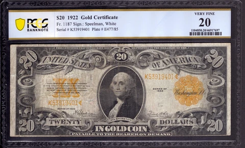 1922 $20 GOLD CERTIFICATE NOTE FR.1187 SPEELMAN WHITE PCGS B VERY FINE VF 20 Cover