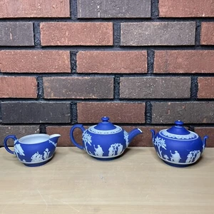 Wedgwood Jasperware Cobalt Blue Teapot, Creamer & Covered Sugar Set Miniature - Picture 1 of 12