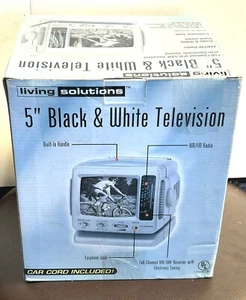 LIVING SOLUTIONS 5" Black/White TV AM/FM Radio Car Cord Included New - Picture 1 of 10