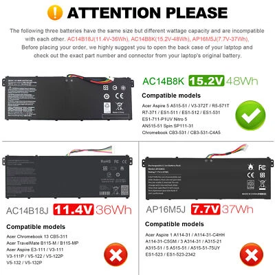 Batería de portátil para Acer 5 A515-51 Chromebook CB5-571 AC14B8K AC14B3K 15.2V 48Wh  Foto 1 de 4