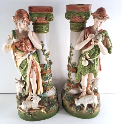 Antique Royal Dux Shepherd Shepherdess Lamp Bases Figures Art Nouveau Goat Lamb - Image 1 of 4