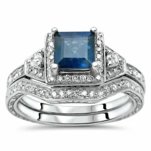 5Ct Princess Cut Blue Lab-Created Diamond Engagement Bridal Set 14K White Gold - Bild 1 von 3