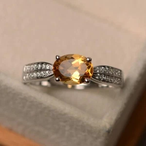 1.25 Ct Oval Cut Citrine & Diamond Engagement Wedding Ring 14K Solid White Gold - Picture 1 of 9
