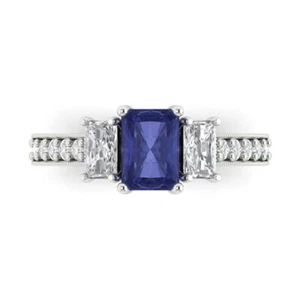 14K White Gold Three-Stone Vintage Engagement Ring, 1.88 ctw Simulated Tanzanite - Picture 1 of 11