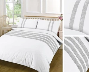 100% Egyptian Cotton Duvet Cover Set T-200 Diamante Stripes Bedding Double White - Picture 1 of 1